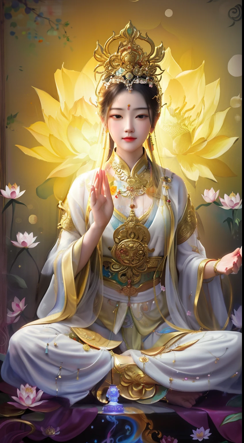 A painting of a woman in a white dress sitting in a lotus pose - SeaArt AI