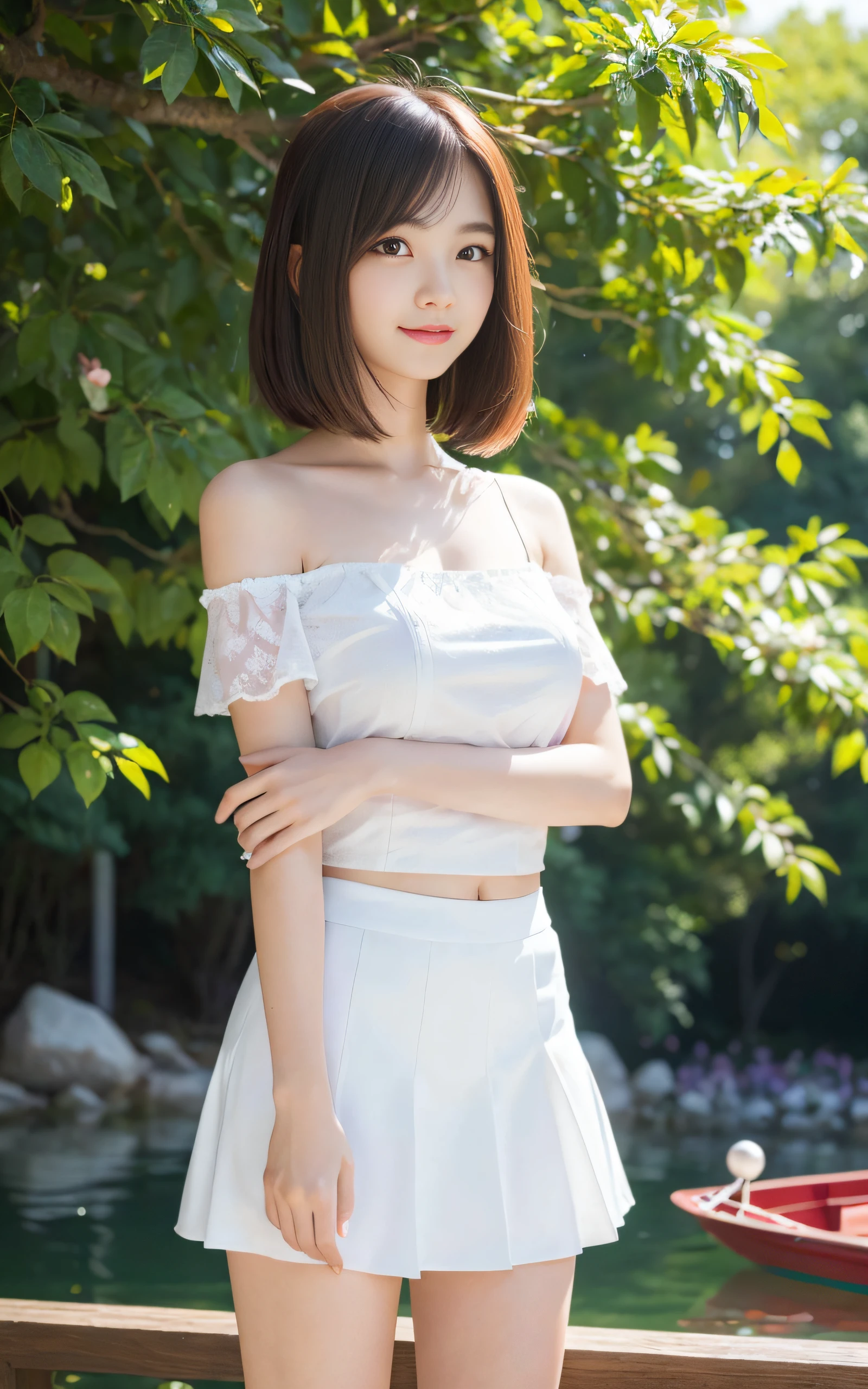 A woman in a white top and skirt posing for a picture - SeaArt AI