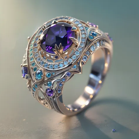 Masterpiece，highest  quality，(Nothing but the ring)，(No Man),Ring set with phoenix，starrysky，Wrapped around the end from beginning to end，Delicate silver ring，Starry sky in the ring,The sheen，inverted image，Sparkling blue-purple gemstones，Elegant and noble...