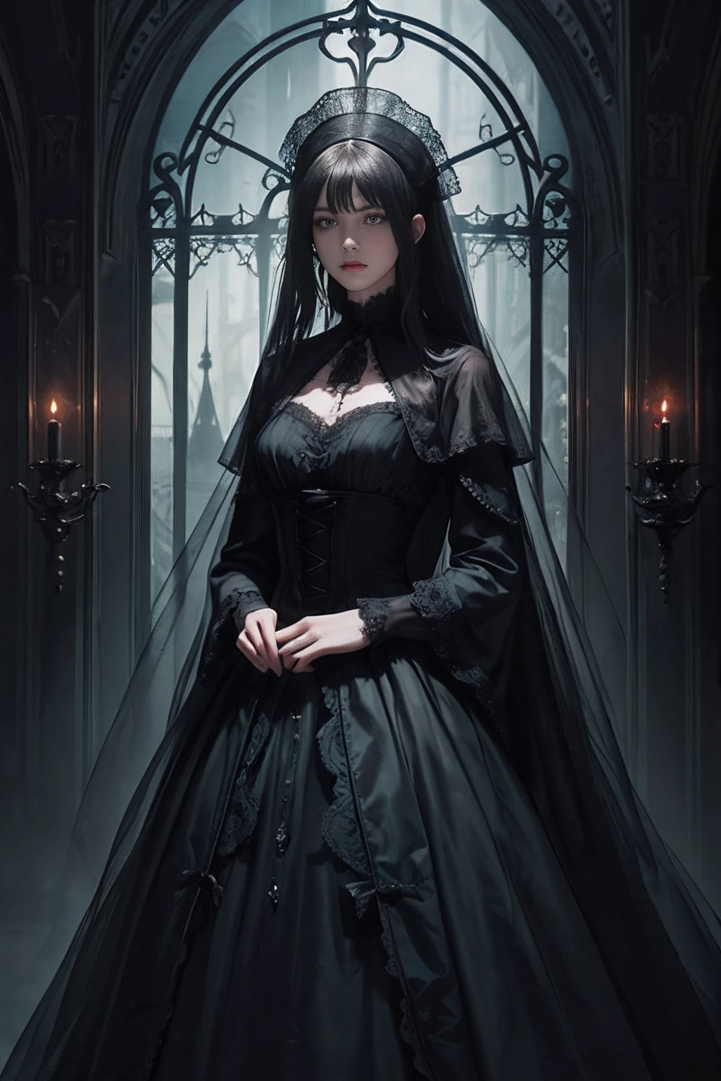 Official Art, Unity 8k wallpaper, super detailed, beautiful, beautiful, masterpiece, best quality,
darkness, atmosphere, mystery, romanticism, creepy, literature, art, fashion, victorian, decoration, intricacies, ironwork, lace, contemplation, emotional depth, supernatural,
1 girl, solo, neck, full body composition