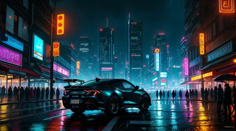 ((best quality)), ((masterpiece)), ((ultra realistic)), ((Night time)), majestically detailed soft oil painting by Jim Lee, beautiful neon cyberpunk Brazil, reflections, rain, crowded scifi city street, futuristic cars, night time, metallic, neon edge ligh...