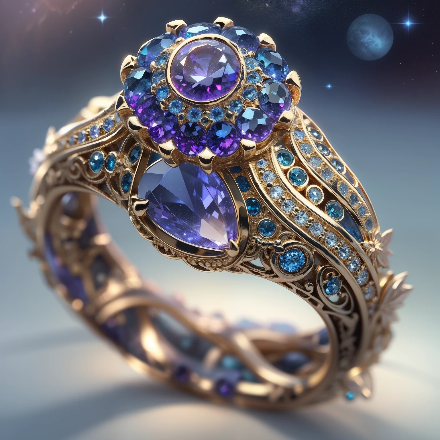 Masterpiece，highest  quality，(Nothing but the ring)，Beautiful ring, Ultra detailed，(No Man),Phoenix ring setting，starrysky，Wrapped around the end from beginning to end，Delicate gold ring，Starry sky in the ring,The sheen，inverted image，Sparkling blue-purple gemstones，Elegant and noble,simple backgound