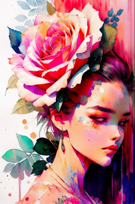 wtrcolor style, (rose) digital art, official art, blown by the wind, masterpiece, beautiful, ((watercolor)), paint splatter, int...