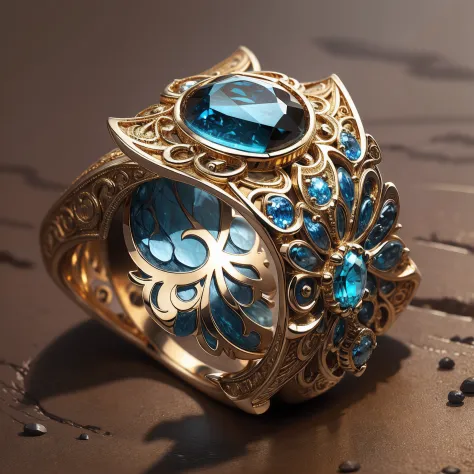 Masterpiece，highest  quality，(Best shadow), Beautiful ring, Ultra detailed，(No body)，A ring，The ring is shaped like a strip，Wrapped around the end from beginning to end，a tiger's head，blue gem eyes，Delicate gold ring，The sheen，inverted image，Elegant and no...