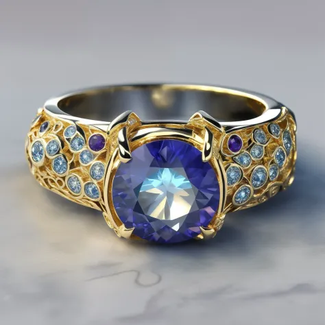 Masterpiece，highest  quality，(Nothing but the ring)，Beautiful ring, Ultra detailed，(No Man),Phoenix ring setting，starrysky，Wrapped around the end from beginning to end，Delicate gold ring，Starry sky in the ring,The sheen，inverted image，Sparkling blue-purple...