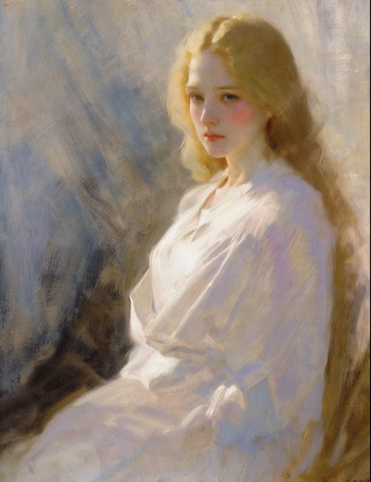 Sargent,Mucha, fachada, Hija, pelo rubio, pelo largo, labios, boca cerrada，El sol brilla sobre el cuerpo.