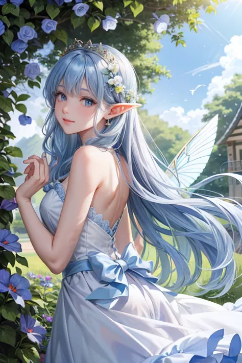 (Face Focus)、(1womanl、独奏、Crystal clear white skin、Beautiful fece)、(blue hairs、gray hair at the tips、Blue eyes、Elegant smile)、Morning glory fairy、Blue ruffled skirt and dress、fairy wings、Morning glory flowers are blooming、elf-ears、A fairy who loves morning ...