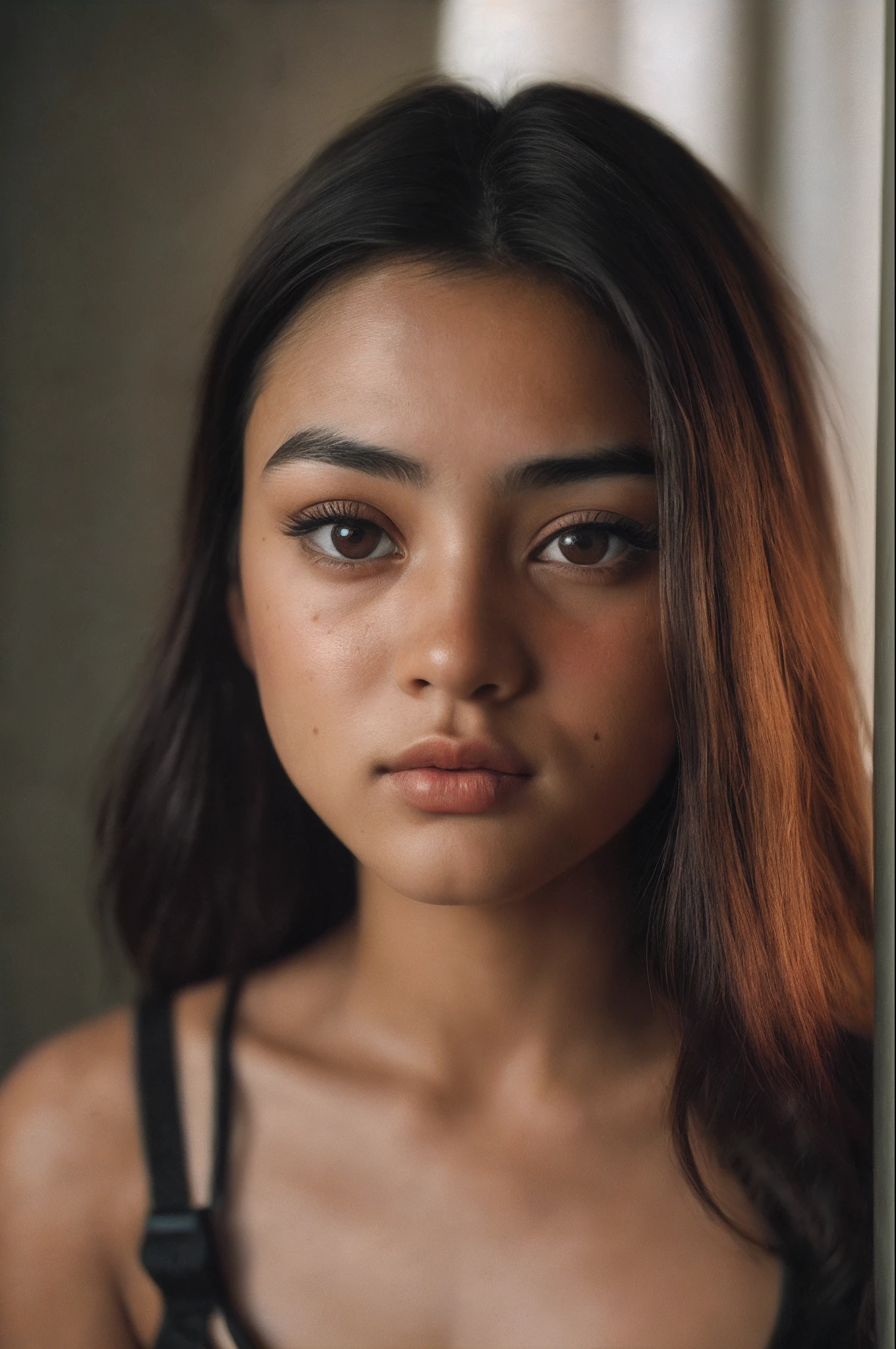 A close up of a woman with long hair and a black bra top - SeaArt AI