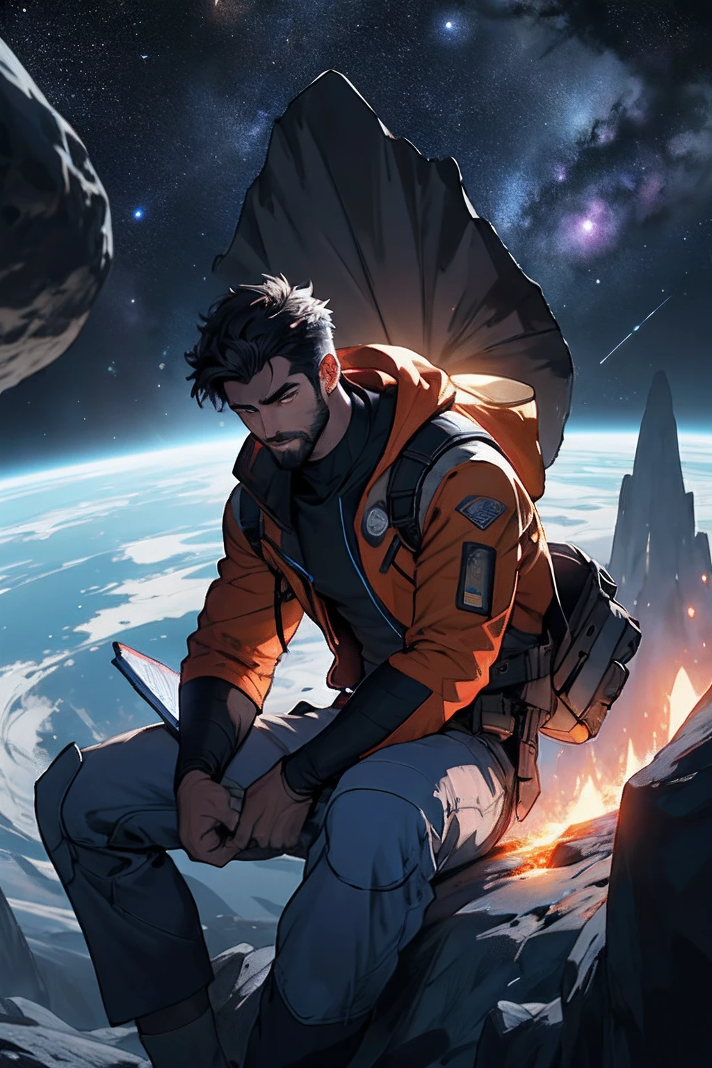 Draw a young programmer, sitting on a research platform floating in the middle of an asteroid belt. He is studying with a notebook, surrounded by several asteroids glowing with fiery auras. Dramatic lighting from distant stars and planets illuminates the scene, casting deep shadows on the suit. The young man looks confident and determined, looking at the vast and mysterious universe with wonder and respect,facial hair, cowboy shot,