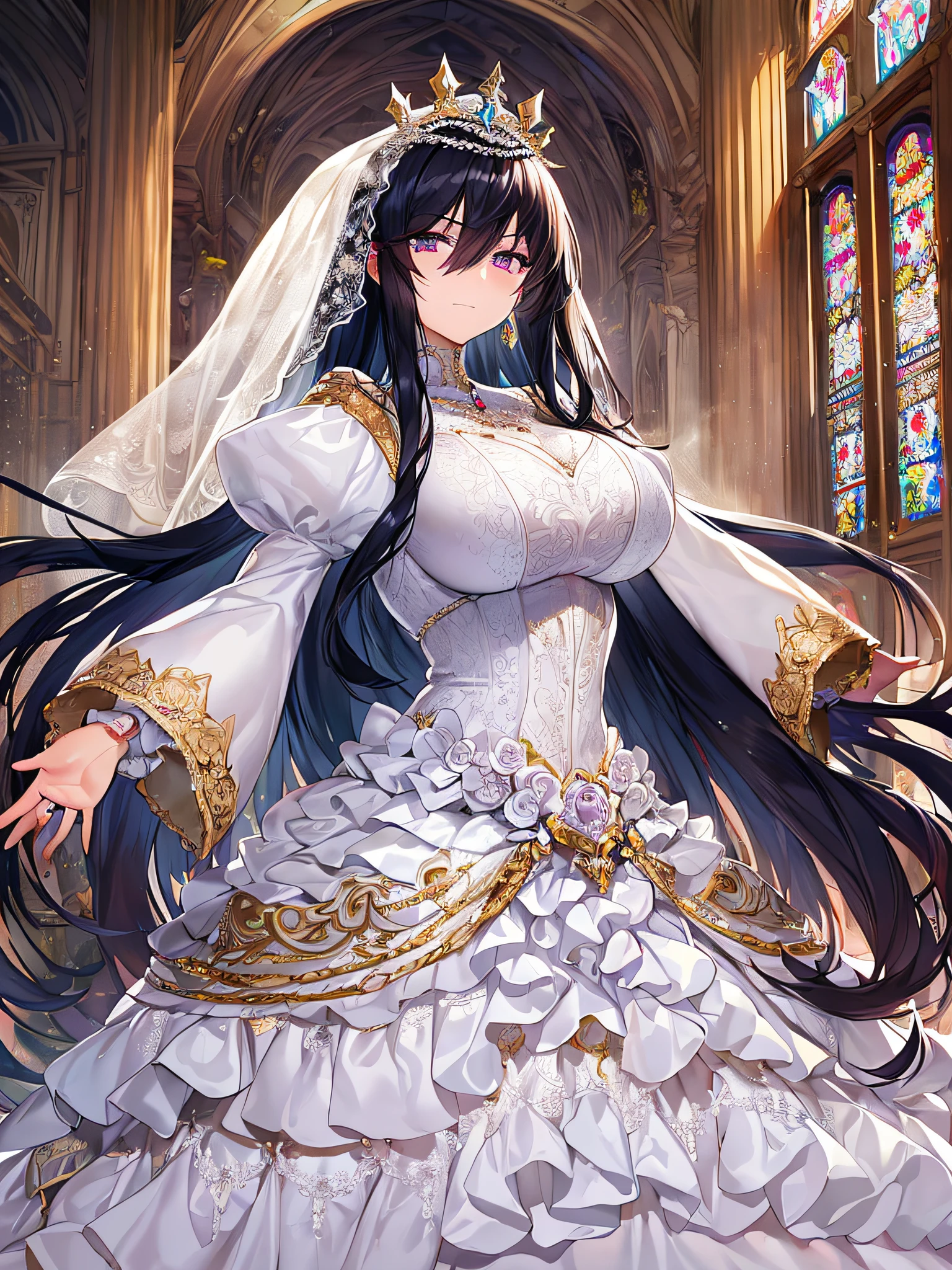 ((anime artstyle)),Masterpiece,Best Quality,Super Detail,Very Delicate and Beautiful,Solo,((full body)),((1 arrogant queen wearing beautiful embroidery gorgeous white wedding dress with voluminous crinoline hoop skirt)),(gigantic tits,skindentation),jewel-like eyes,(((arrogant,haughty))),dominant pose,(((smugness))),Sharp eyes,Purple eyes,Beautiful detailed face and eyes,((Bangs between eyes,voluminous straight hair,extremely Long straight Hair)),black hair,gorgeous embroidery and lace,enormous puffed sleeves,luxury hair ornament,extremely gorgeousfull jeweled tiara,long train,bling-bling gorgeous gemstone jewelry,long wedding veil,full body,standing in the sacred cathedral,((beautiful embroidery gorgeous stately white wedding dress with voluminous crinoline hoop skirt))