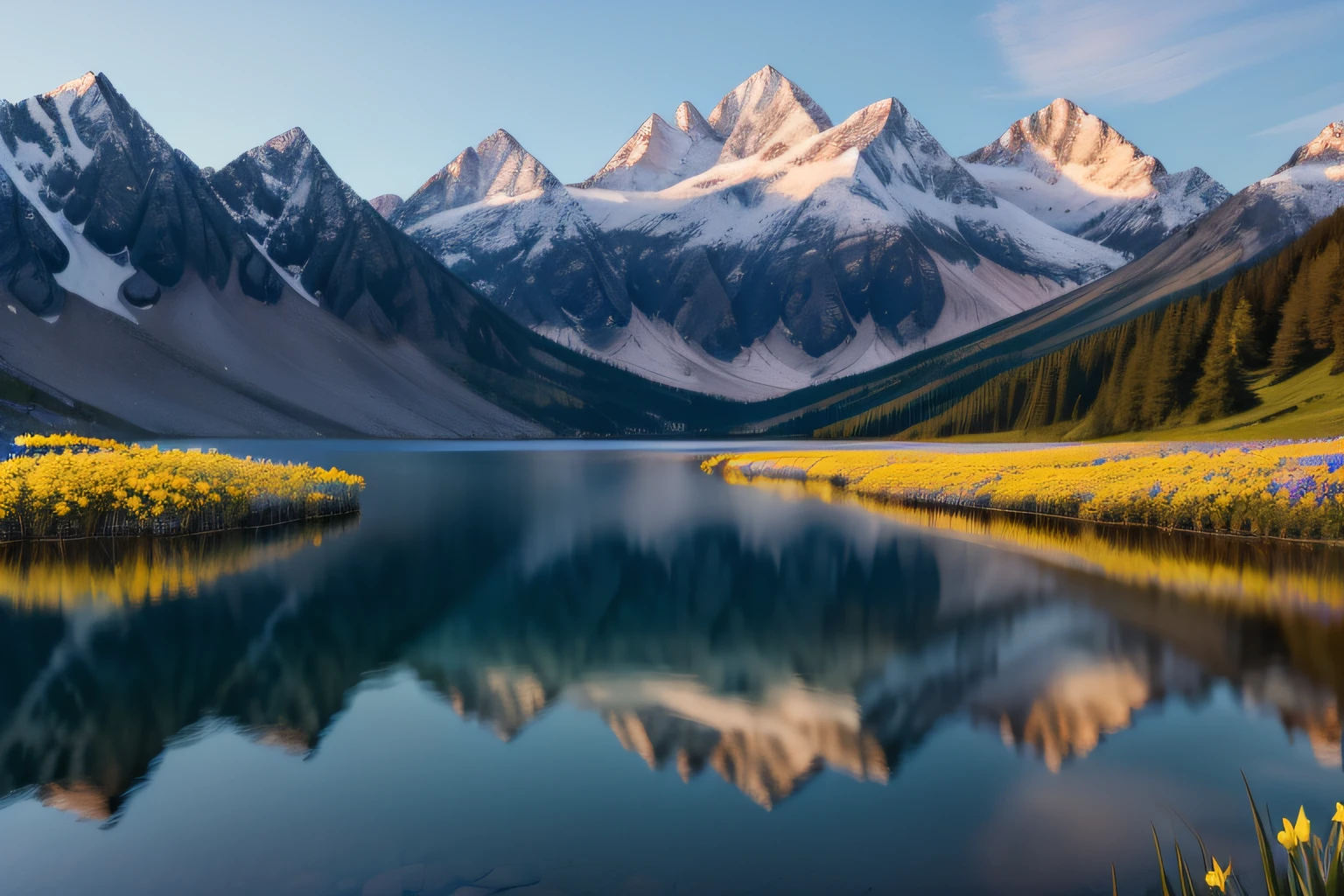 Picos nevados de una montaña en el crepúsculo., el reflejo de los picos se puede ver en el agua de un lago al pie de la montaña. prados verdes que se extienden al pie de la montaña. racimos de flores amarillas o rosadas esparcidas por el prado