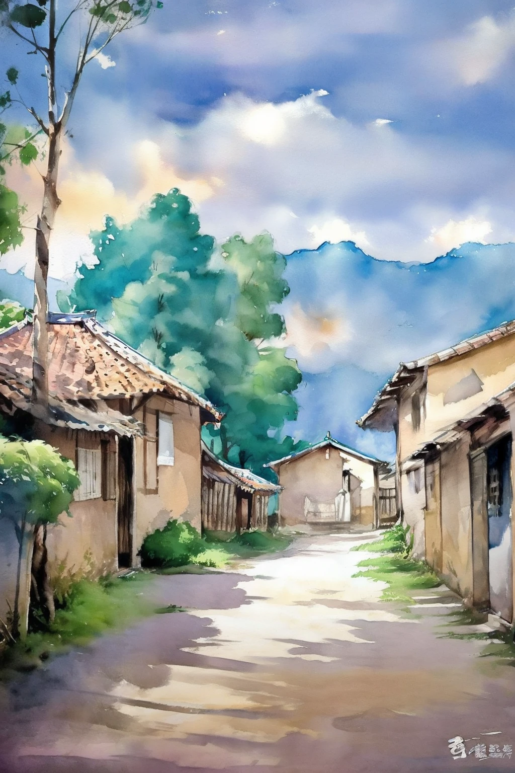 painting of a house with a tree and a fence in the yard, old asian village, Vila Velha, Estilo de aquarela chinesa, estilo de pintura em aquarela, paisagem da aquarela, pintura digital em aquarela, aldeia, Directed by: O Borun, uma pintura em aquarela, pintura digital em aquarela, vila chinesa, em uma aldeia, Directed by: Yao Tingmei, Directed by: Qu Leilei, Directed by: Dom Kehong