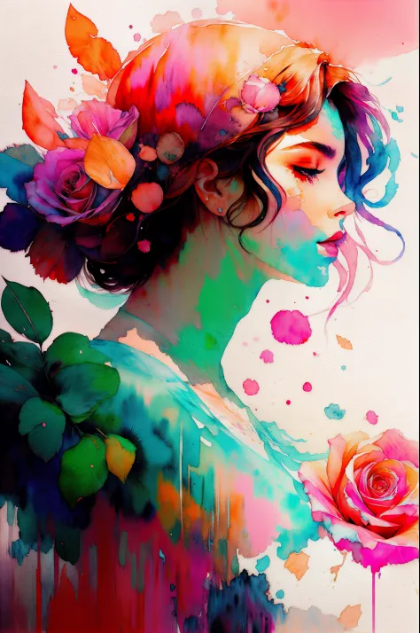 wtrcolor style, (rose) digital art, official art, blown by the wind, masterpiece, beautiful, ((watercolor)), paint splatter, int...