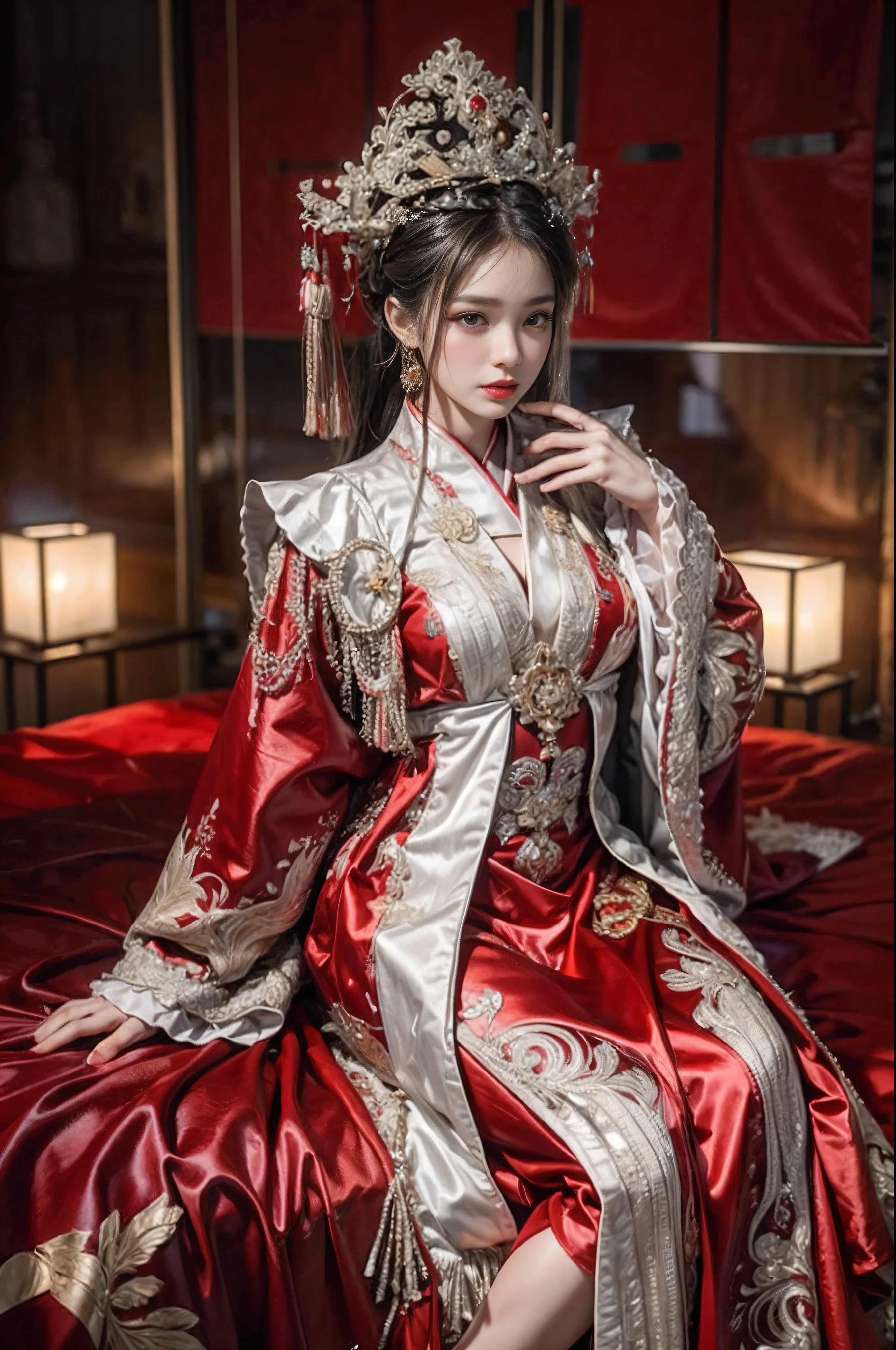 （Ultra-realistic 8K CG：1.2），Perfect artwork，delicate patterns，Complicated details，Heavy makeup，（Unbeatable masterpiece，Best quality at best：1.2），（extremly intricate：1.2），A woman in a red and gold dress，（Bare legs），Sexual temptation，Teasing expressions，Lift up your skirt，Sleeping on the Bed，Phoenix crown，hair stick，（sitting on red bed），cosmetics，Be red in the face，is shy，black_Hair，looking-down，cosmetics，（forehead dot），（2 red candles），Chinese_clothes，窗帘，耳Nipple Ring，Hair_decorations，Hanfu，inside in room， jewely，rednails，Long_Sleeves，reddress，Redlip，nipple tassels，（Red quilt），（red palace：1.2），（Chinese Ancient Architecture），（rot：1.8），natta