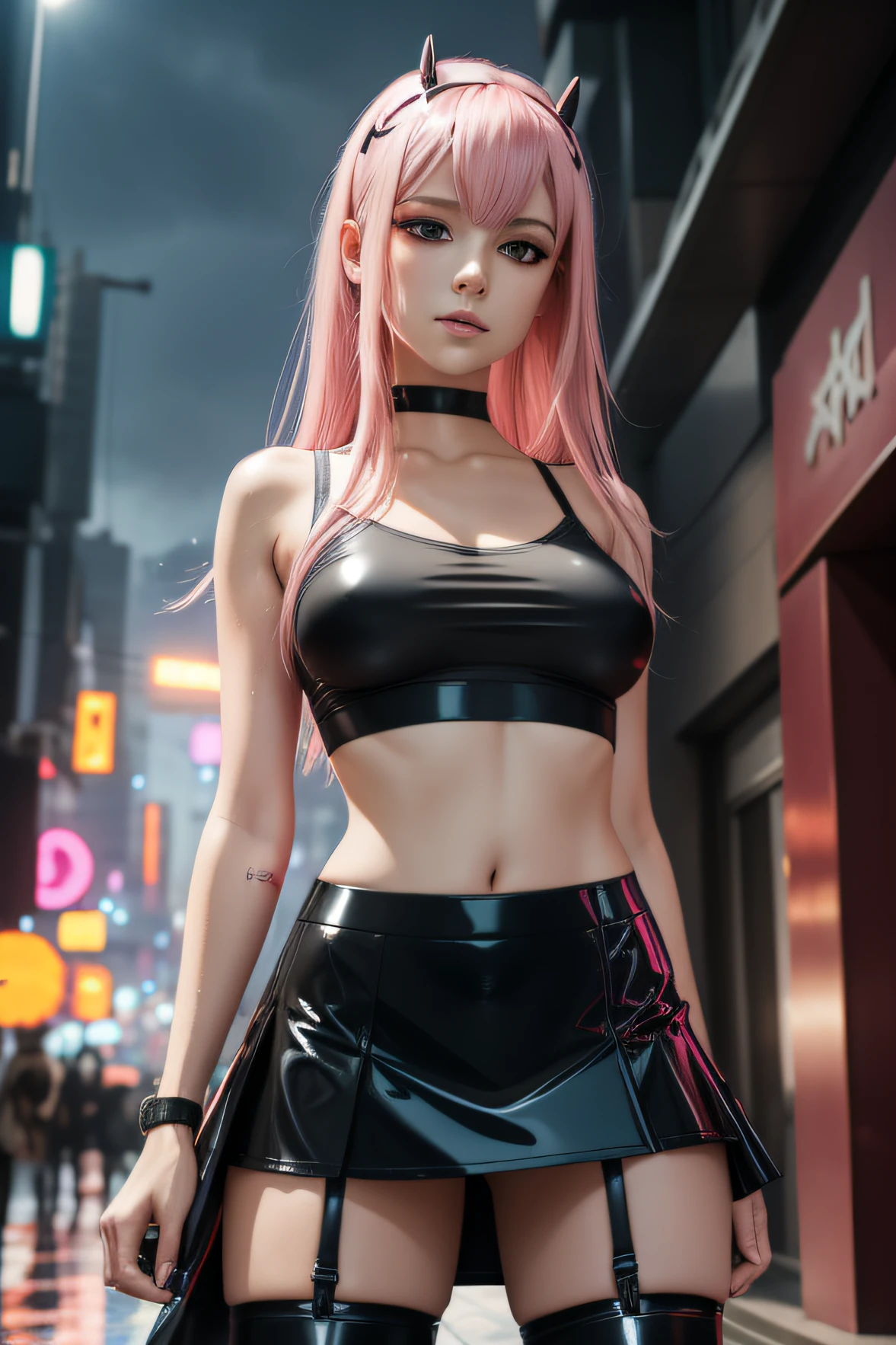 Zero Two Darling in the Franxx, 1 Girl, Underboob, Small Black Semi Sheer Top, Large Breasts, Pink Nipples Erected, Bites Bottom Lip, Loose Midi T-shirt, Underboobs, Under Boobs, Micro Mini Skirt, Pose bunny, sexy pose, View from below, (((Micro mini latex black skirt))) , stockings and garter belt, perfect body, We see her slim and tight, wet, pink hair, she is in a street Day Light City cyberpunk, 8k, real skin, realisticstic, HDR, ultra resolution, light leaks, movie lighting, Face focus, Fine eyes, Detailed face, Well lit face, Sunbeams