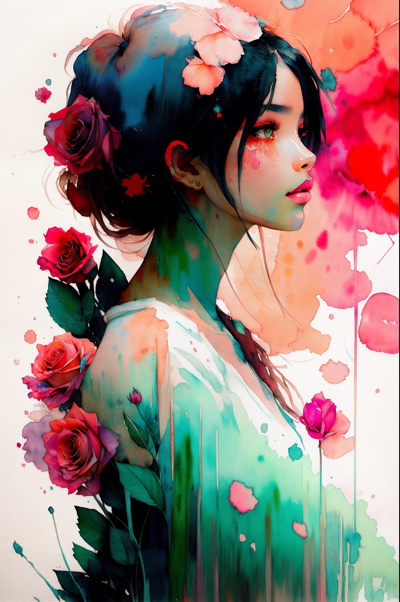 wtrcolor style, (rose) digital art, official art, blown by the wind, masterpiece, beautiful, ((watercolor)), paint splatter, intricate detail. Great detail, [dripping:0.7], Trending on Artstation, Rachel Walker