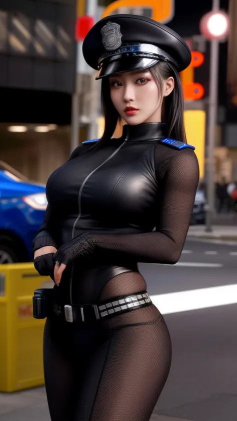 Highest image quality，excellent details，超A high resolution，Swat，Police of the future，Model Figure，Dynamic Poses，Grim expression，harsh eyes，masks，She wears a futuristic SWAT uniform，She was standing in front of a police car，Robust body，Sexy and durable，Deta...