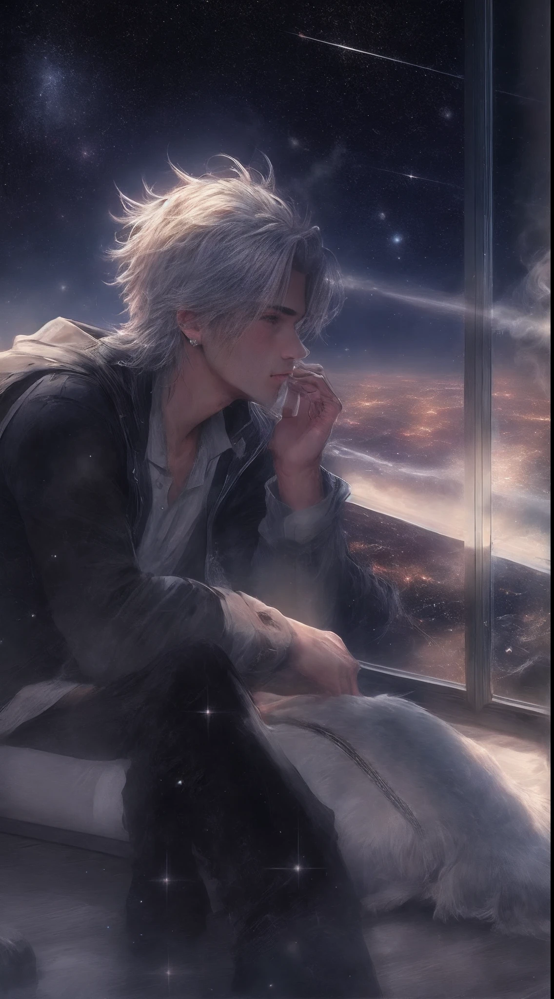 1 man，Leaning against the floor-to-ceiling windows，Smoking，Look at the vast starry sky and universe，ultra-clear，Detailed pubic hair，8k