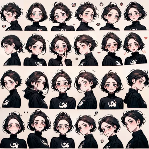 Cute girl avatar，Emoji pack，(9 emojis，emoji sheet of，Align arrangement)，9 poses and expressions（Crying. Run away, Shy, Smile, Eating. Kneeling, Surprised, Laughing,etc），Anthropomorphic style，Disney style，Black strokes，Different emotions，9 poses and express...