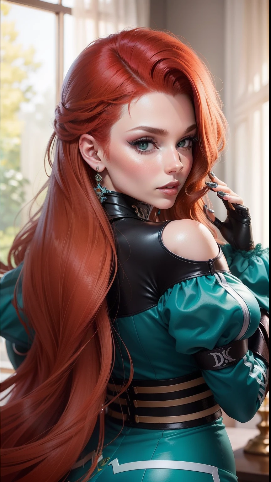 A close up of a woman with red hair wearing a green dress - SeaArt AI