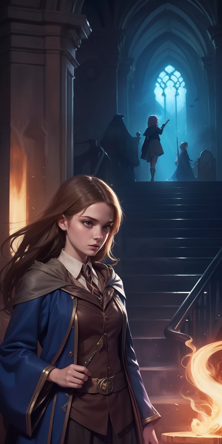 (Girls in the wizarding world,Immortal,detail-rich,Magical elements,dream colors,with dynamism,Fantasy light and shadow,Delicate depiction,Unique style),2d