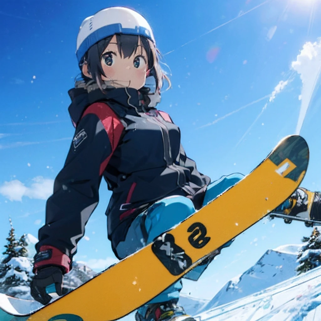 masutepiece, Best Quality, 8K_Wallpaper, (Beautiful eyes), ((of the people around２Glide twice as fast)), Cute, (Yellow Wear、Outerwear is blue、Red pants),1girl in,small tits,1 schoolgirl、Smile,()、(((Glide from the summit)))、Ski resort on a sunny day、snow board、(((A girl is snowboarding down a slope)))(((Wear a snowboard)))、