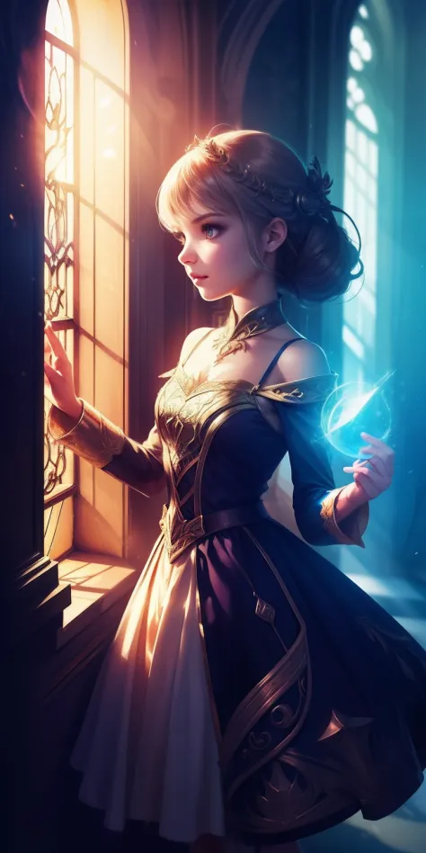 (A girl in a magical world,Magical elements,dream colors,with dynamism,Fantasy light and shadow,Delicate depiction,Unique style)