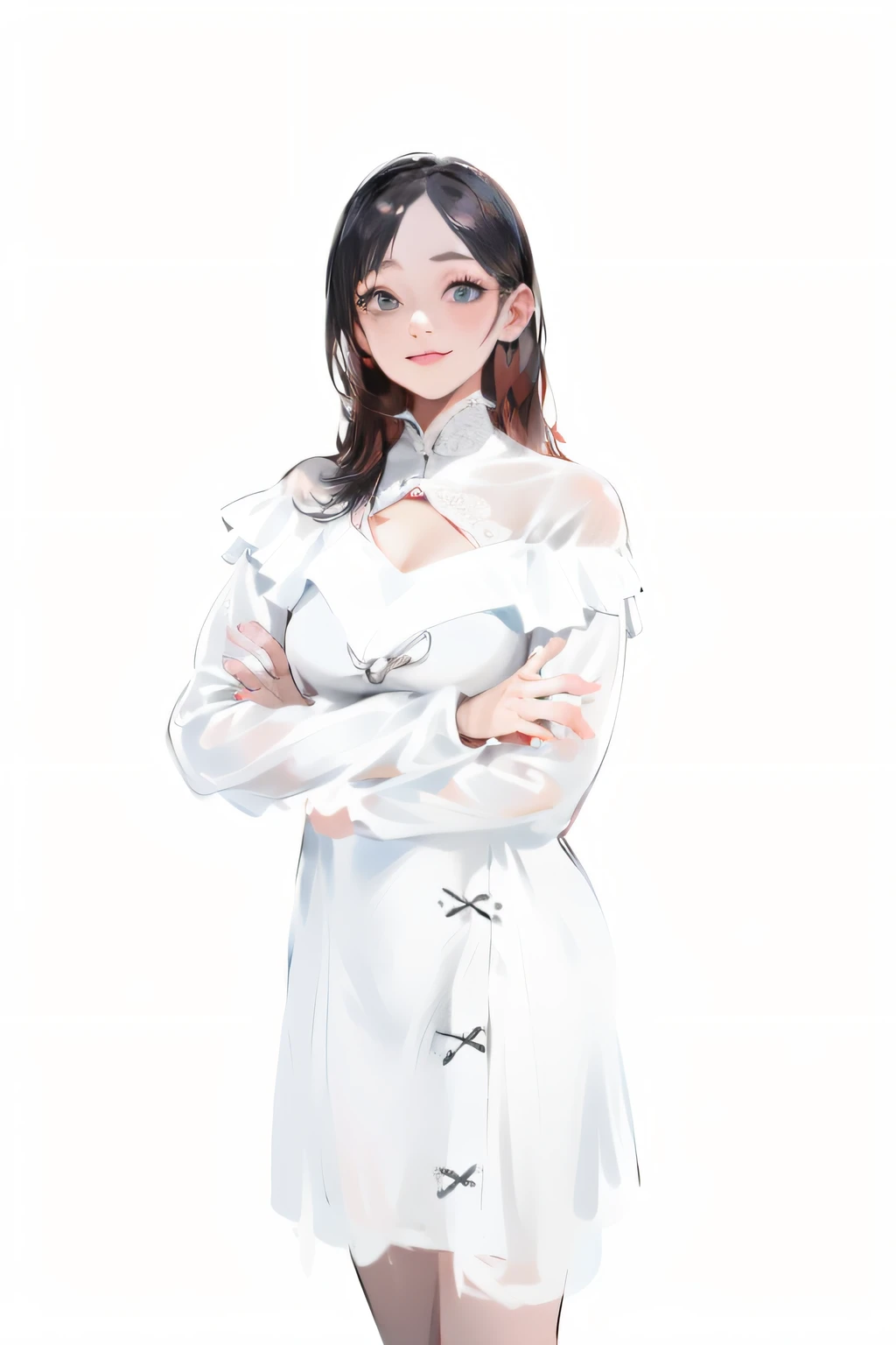 A drawing of a woman in a white dress with a white shirt - SeaArt AI