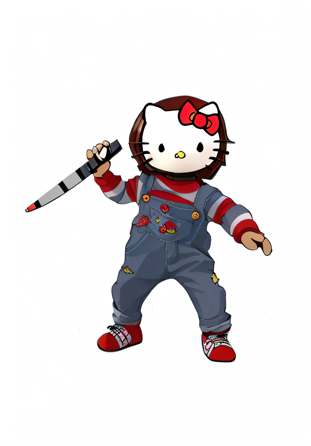 (best qualityer, Masterpiece artwork),  1980s \(styled\), looking at the viewer A close up of a Hello Kitty doll holding a knife, vinyl toy figurine, styled Chucky, detailled image, vinyl action figure, Gamine, Chucky, sanrio, Iconic character of high detail, hello kitty, JASON, official product photo, anime action figure, promotional artwork, vtm, kitsch, pussycat, horor!! highy detailed, highly no detailed