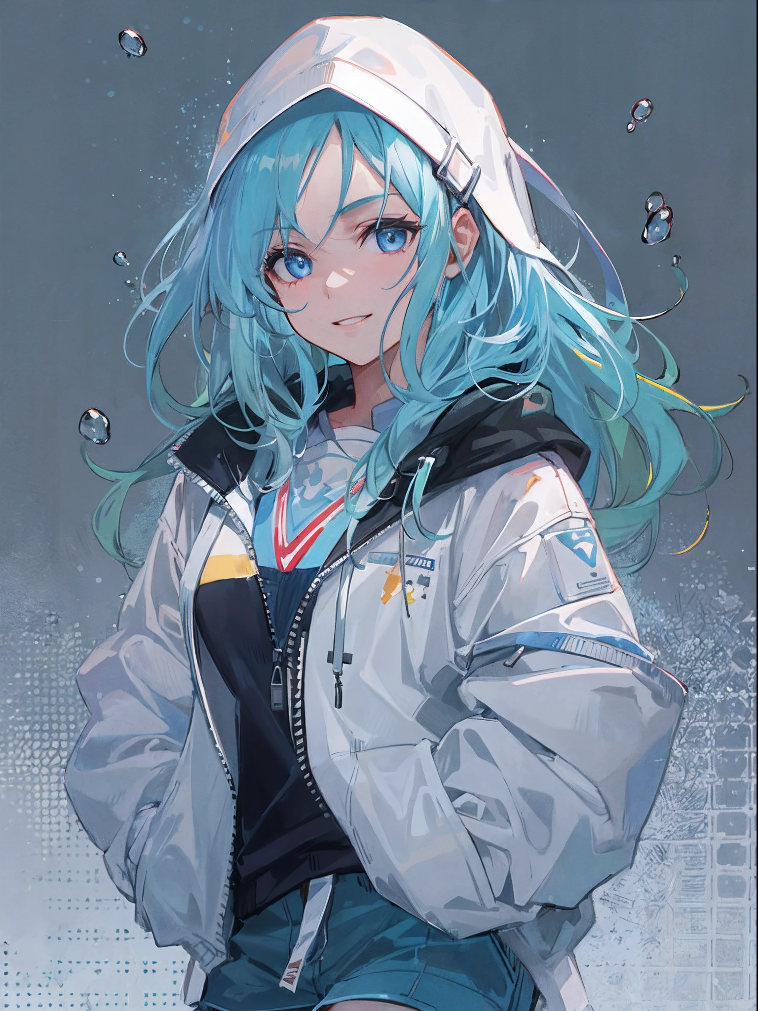 ((top quality)), ((masterpiece)), ((super detail)), (very delicate and beautiful), girl, solo, cold demeanor, ((black jacket)), she looks very (relaxed) and (calm), black hair, depth of field, evil smile, stirrups, underwater, air bubble, light blue eyes, light blue hair and dark blue tips inner color with, cold background, bobbed hair - linear art, shorts, knee high socks, oversized white hoodie, light blue ribbon tie, clothing transparent, hands in pockets