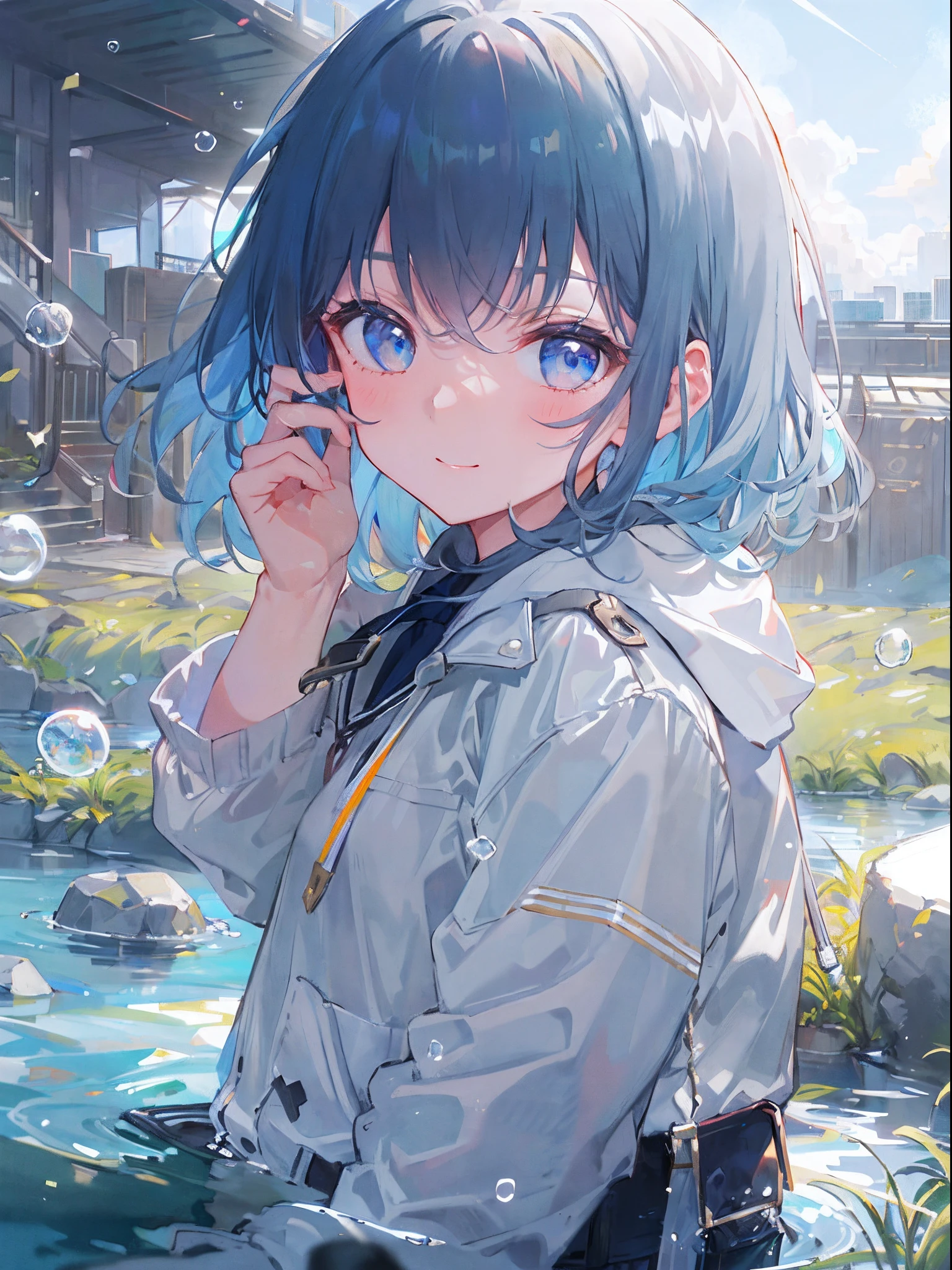 ((top-quality)), ((​masterpiece)), ((Ultra-detail)), (extremely delicate and beautiful), girl with, solo, cold attitude,((Black jacket)),She is very(relax)with  the(Settled down)Looks,A darK-haired, depth of fields,evil smile,Bubble, under the water, Air bubble,bright light blue eyes,Inner color with light blue hair and dark blue tips,Cold background,Bob Hair - Linear Art, shortpants、knee high socks、White uniform like 、Light blue ribbon ties、Clothes are sheer、Hands in pockets