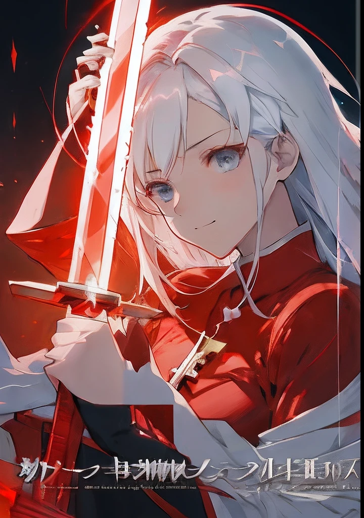 Menina do anime com cabelo branco e traje vermelho segurando uma espada, cushart krenz arte principal feminine, capa de arte épica de light novel, arte superdetalhada, arte chave detalhada do anime, capa de light novel épica, arte principal, arte oficial, era, Arte oficial, high detailed arte oficial, folhas, Estilo de arte anime de alta qualidade, arte zerochan