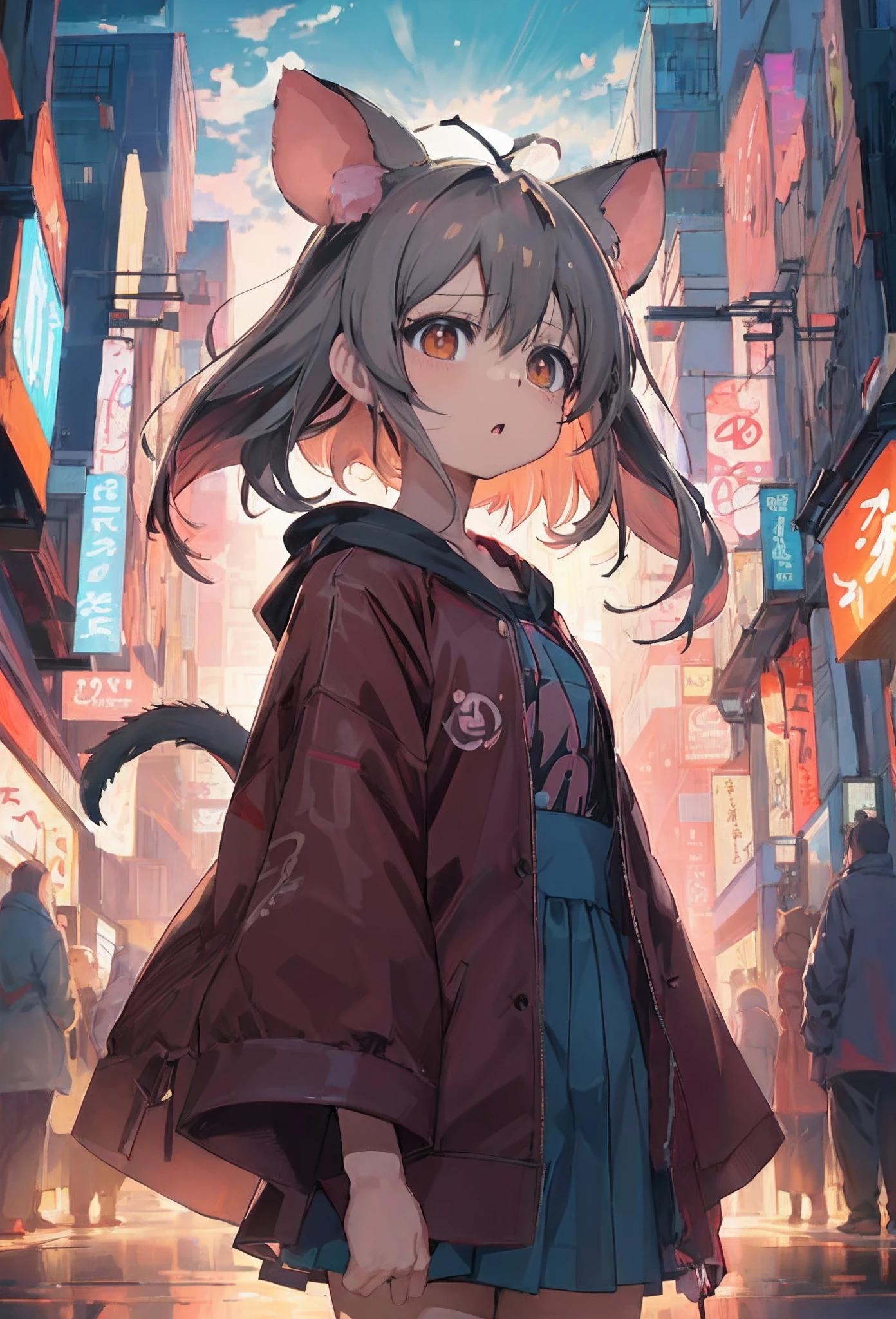 Anime girl with cat ears and red coat in tatami room, anime style 4 k,  kawacy, Anime girl with cat ears, anime catgirl - SeaArt AI