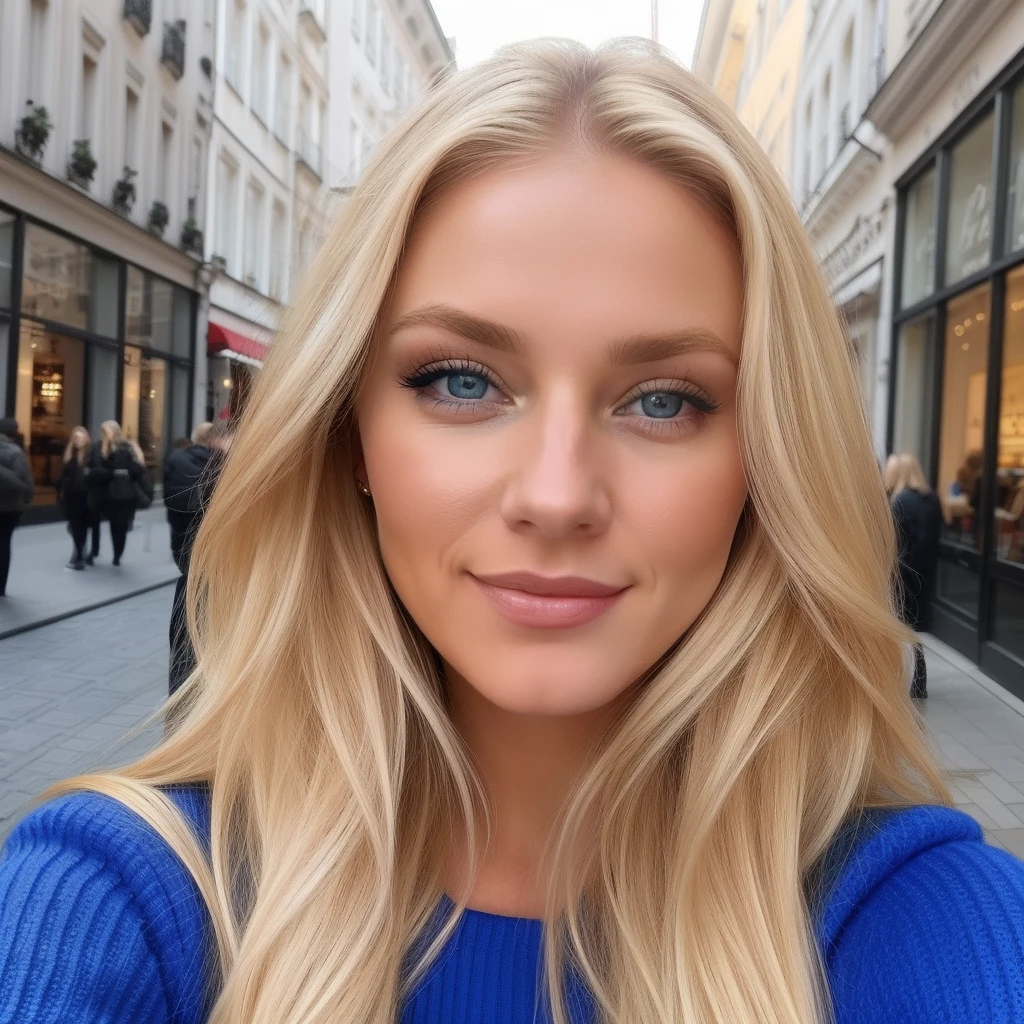 blonde woman with blue eyes, smiling, Selfie, shopping in the city, sexy red outfit, lara stone, aleksandra waliszewska, schulterlanges blondes Hair, Most beautiful woman in the world, beautiful look, Perfect detail, Victoria's Secret-Modell, blonde hair blue eyes, no close up, blonde hair and blue eyes, lange blonde hair and blue eyes, without eyebrows