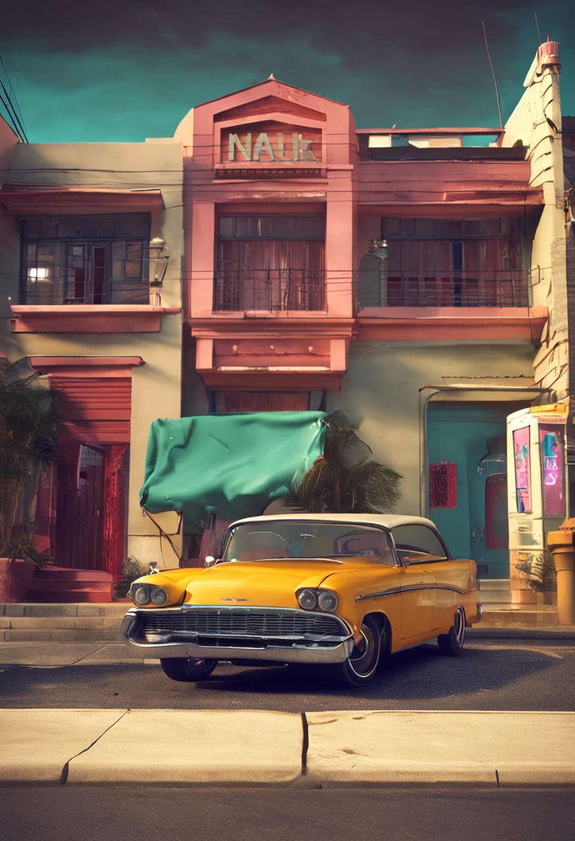 Yellow car parked in front of a building with a green tarp over it - SeaArt  AI