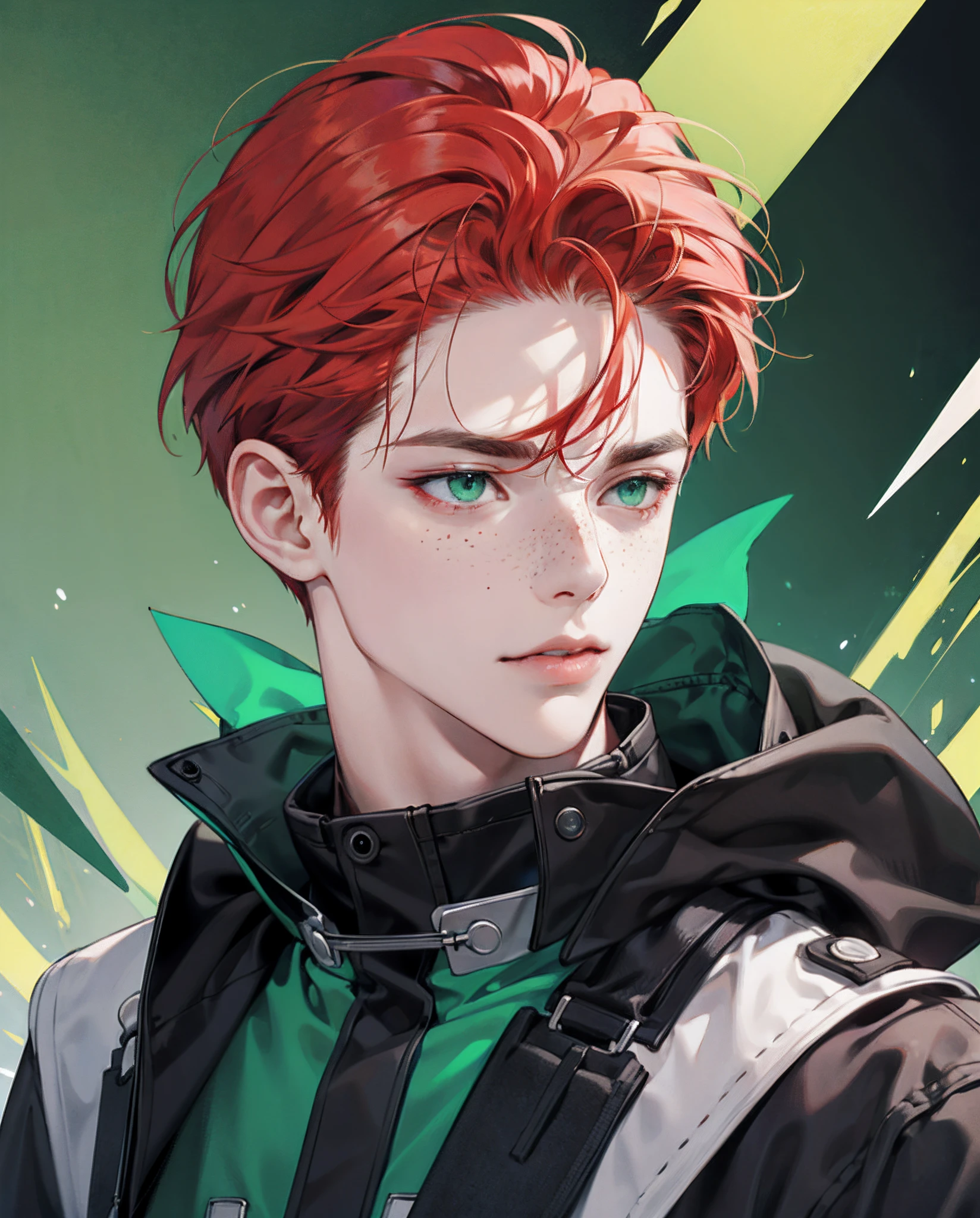 A close up of a person with red hair and a green jacket - SeaArt AI