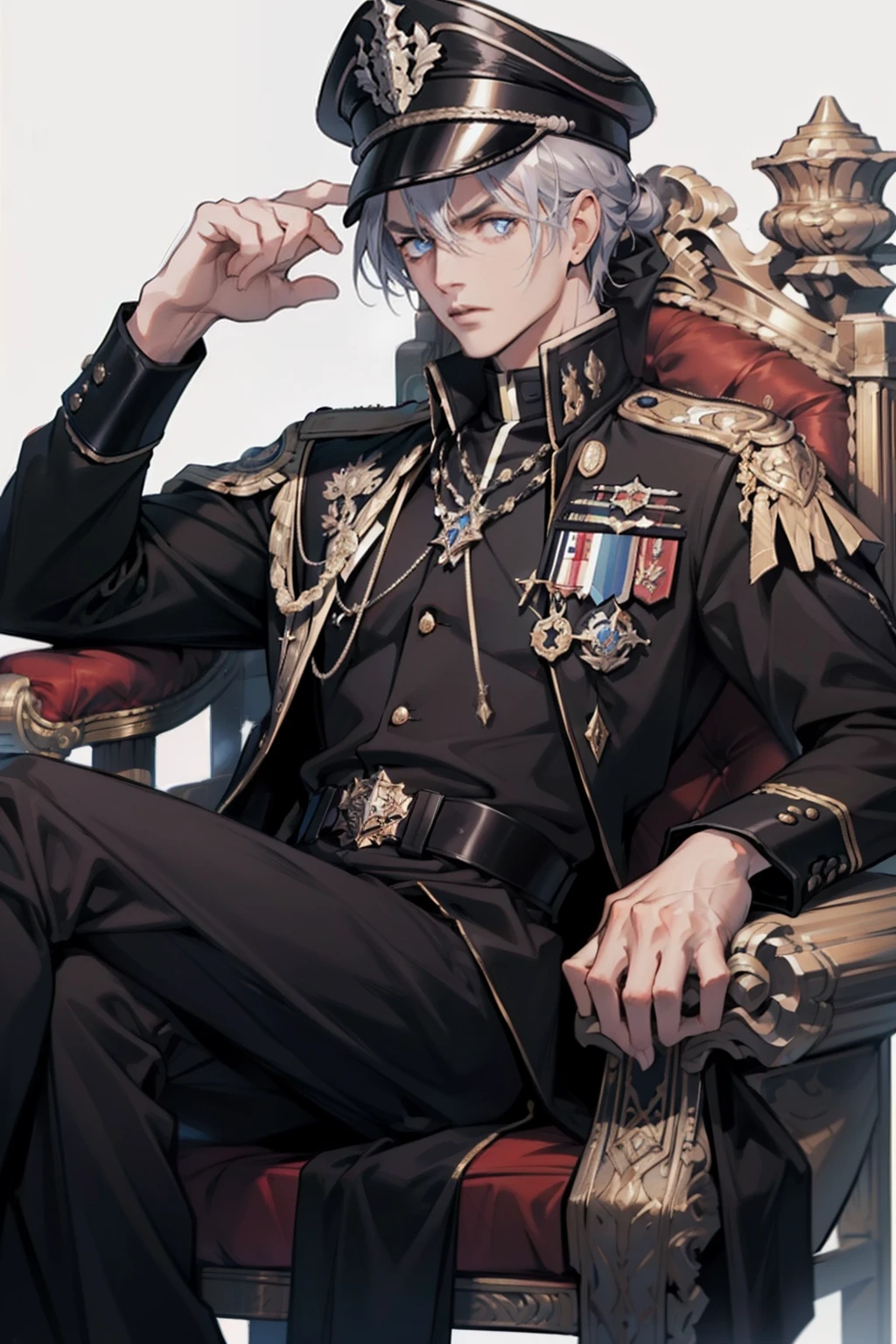 1 man, short black hair, red pupils, good looking, ear rings, jewellery, Sits on a great throne, pale skin, scar on the face, Black high-level military uniform with gold and silver accessory, Peaked cap, royal, Ruler, Dark Amtosphere, sublime view, confident, crossed legs, elegant, full entire body, ultra details, lot of details, hight resolution, proporções perfeitas, sharp look, silky hair, throncole, marmor, elegant pose, Beautiful  eyes,