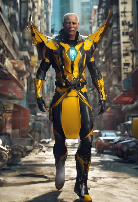 Realistic high definition mage ,homem ciborgue de 1,80 tall jumping from a building , cabelos pretos cumprido , strong cybernetic arms and a gleaming yellow bionic eye, jeans and white shirt