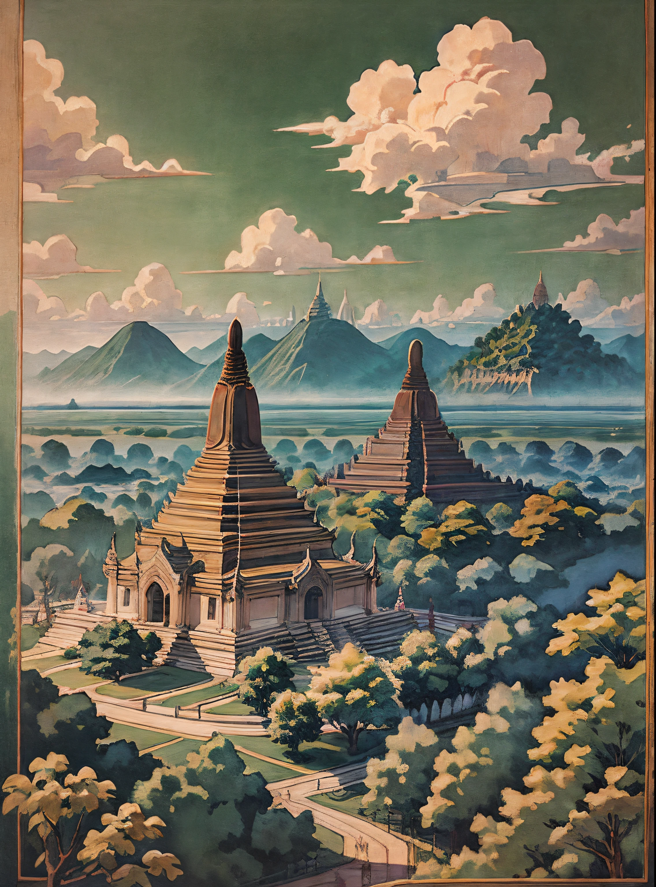 (masterpiece,best quality),vintage, beautiful
park,moutain,water,tree, Bagan, Myanmar, Pagodas