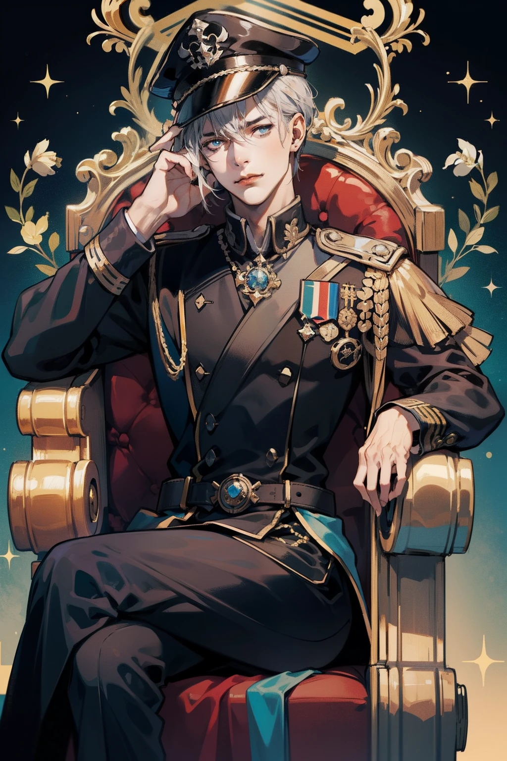 1 man, short black hair, red pupils, good looking, ear rings, jewellery, Sits on a great throne, pale skin, scar on the face, Black high-level military uniform with gold and silver accessory, Peaked cap, royal, Ruler, Dark Amtosphere, sublime view, confident, crossed legs, elegant, full entire body, ultra details, lot of details, hight resolution, proporções perfeitas, sharp look, silky hair, throncole, marmor, elegant pose, Beautiful  eyes,
