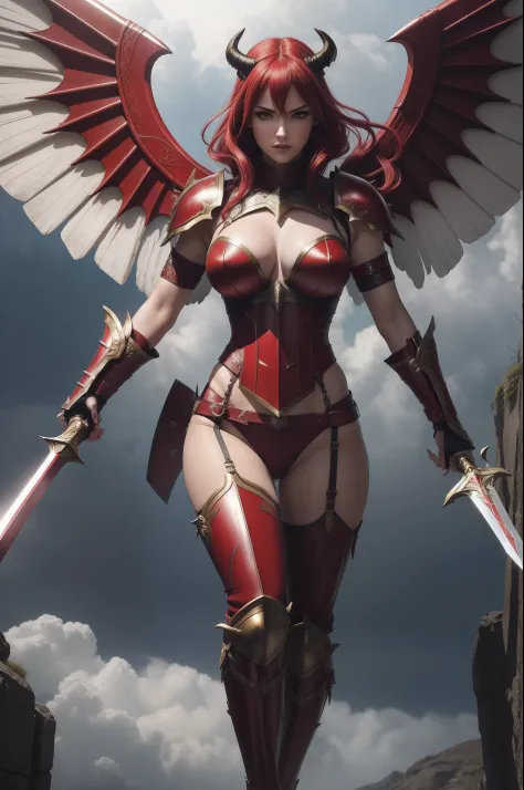 Mature succubus warrior, red and white hair, (full body photo), masterpiece, highest quality, 4k, High detail RAW color Photo, flying through clouds, (dynamic fighting pose), (wearing deep red and gold roman imperial armor), (armored greaves), (fingerless ...