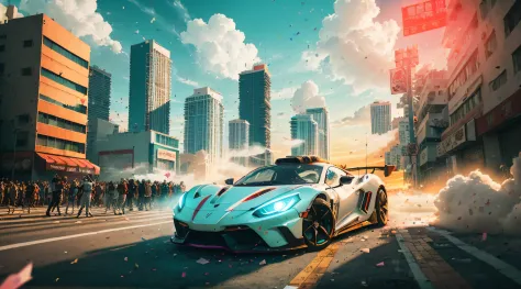 Bright sunny day, beautiful cloudy sky, sunset, sports car, cyberpunk, Miami city streets, neon signs and crowds, confetti fragments, dust, wind volumetric fog, exciting epic action camera, professional majestic oil painting（真实感：1.2）（Image size：16：9）（Best ...