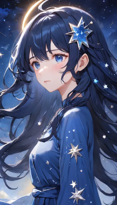 She has waist-length blue-black hair,Scattered like the night sky, it is as deep and enchanting。He wears a silver star hairpin on his head,The hairpins are inlaid with tiny broken diamonds,Shimmering in the sun。Her eyes were a deep indigo blue,It seems to ...