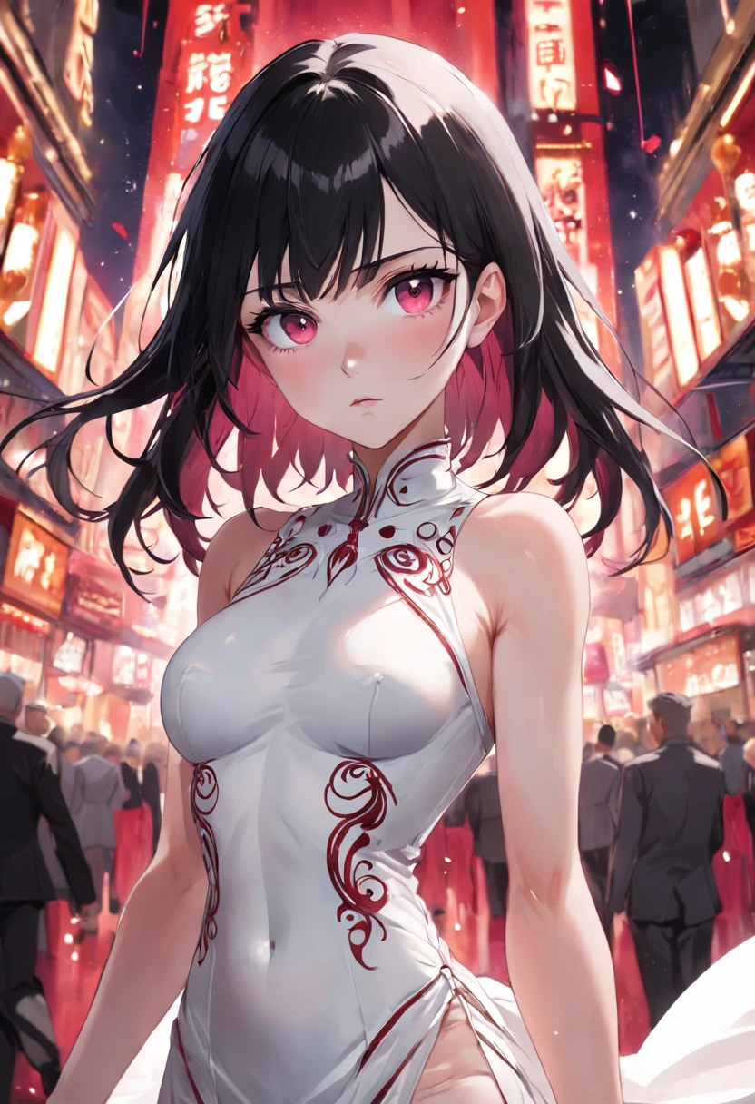 Detailed caricature, Young white girl with black straight hair and crimson eyes, porcelain white skin, whole body, big breasts with white gala dress, high quality, High resolution, 8k, HDD, (Well-designed body), Amazing body, (super detailed), Beautiful eyes, ultra detailed, ultra realist