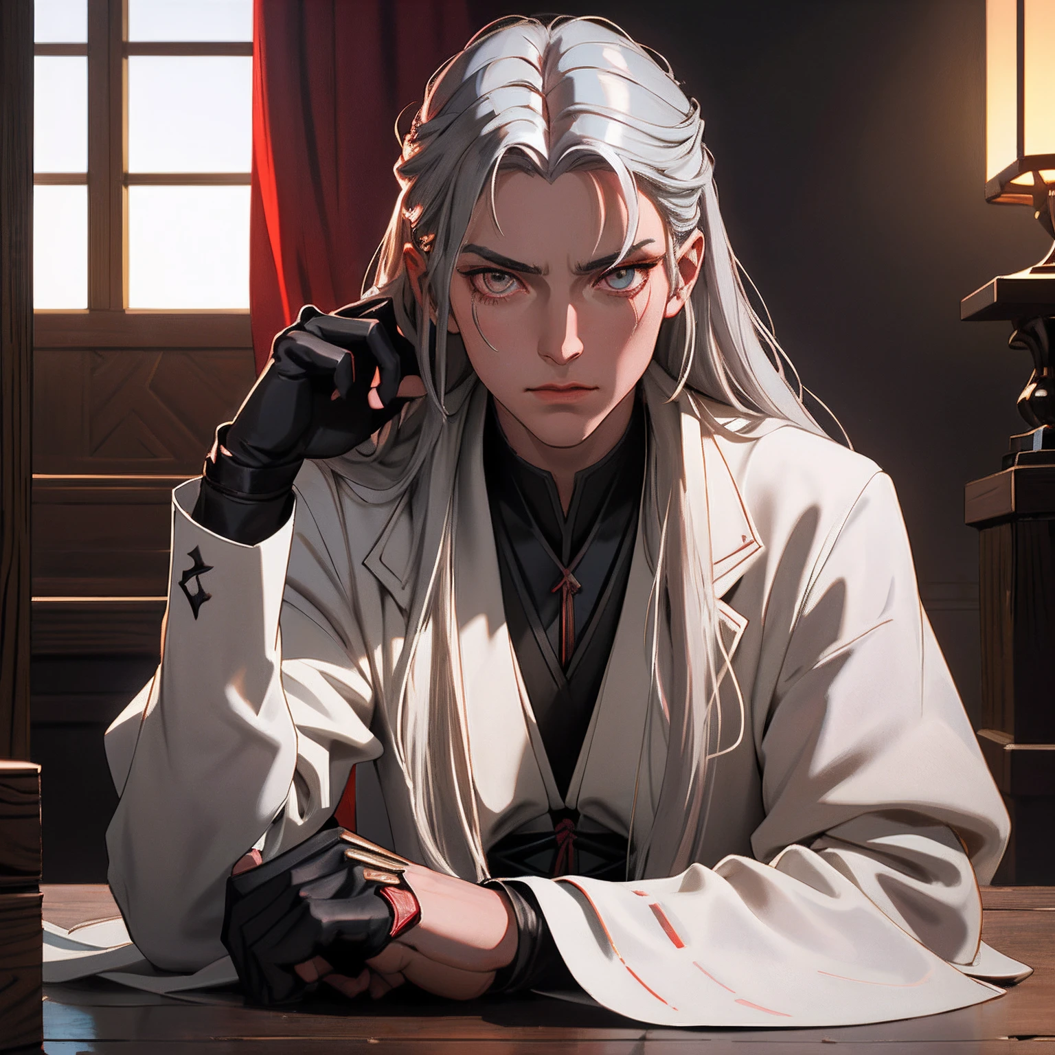 Alucard, with piercing crimson eyes (intensity:1.3), cheveux blonds, se tient haut et imposant dans un manteau noir sur mesure (hardware: laine fine) who gracefully cascades to his knees. Her silver hair (brightness:1.1) flows like liquid mercury, contrasting with her pale porcelain-like skin (ton:1.2). A dark aura surrounds it, accentuating his enigmatic expression (humeur: mystery) which alludes to unspeakable secrets. Ambient lighting (natural light: coucher de soleil) jette des ombres intrigantes sur ses traits tranchants, highlighting its strong jaw and aristocratic nose. in background, une architecture gothique vintage (style:1) adds a sense of antiquity, Improve the mysterious appeal of the photo. Un angle non conventionnel (perspective: dramatique) capture Alucard dans une pose contemplative (pose:1) with his gloved hand resting on the handle of a finely crafted katana (objet:1.1), more reflective of his complex personality,