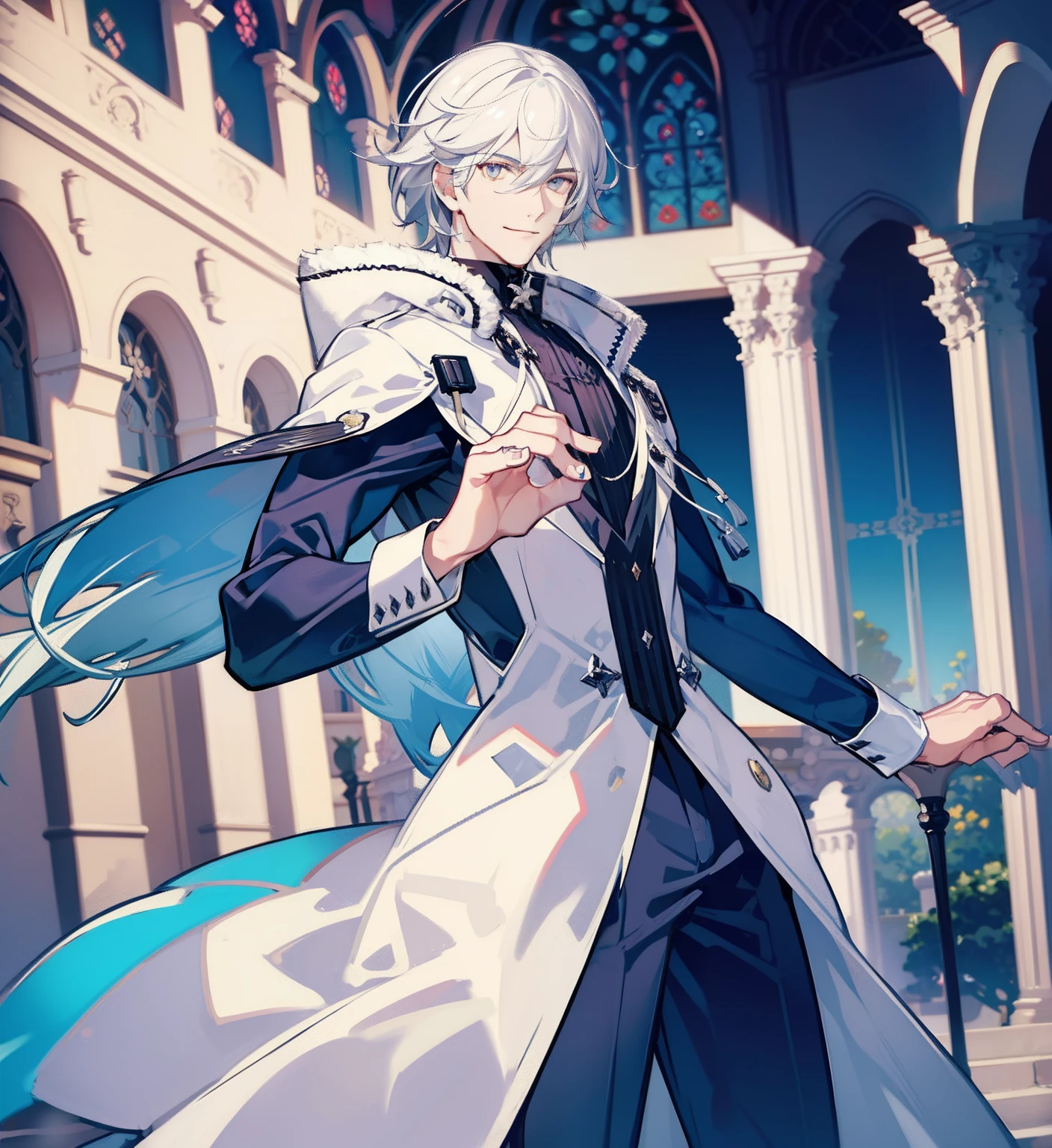 White hair，Silver Eyes，Smiling,Man , handsome