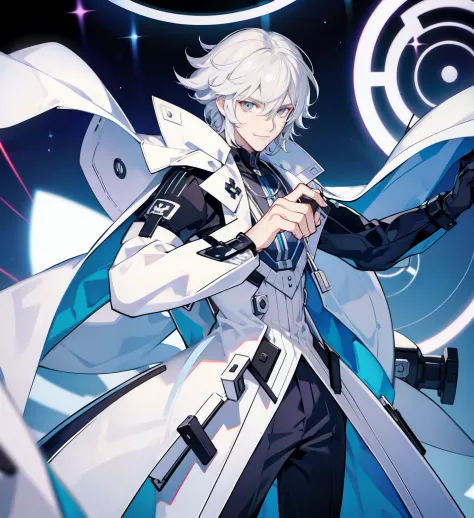 White hair，Silver Eyes，Smiling,Man , handsome, Number Suit