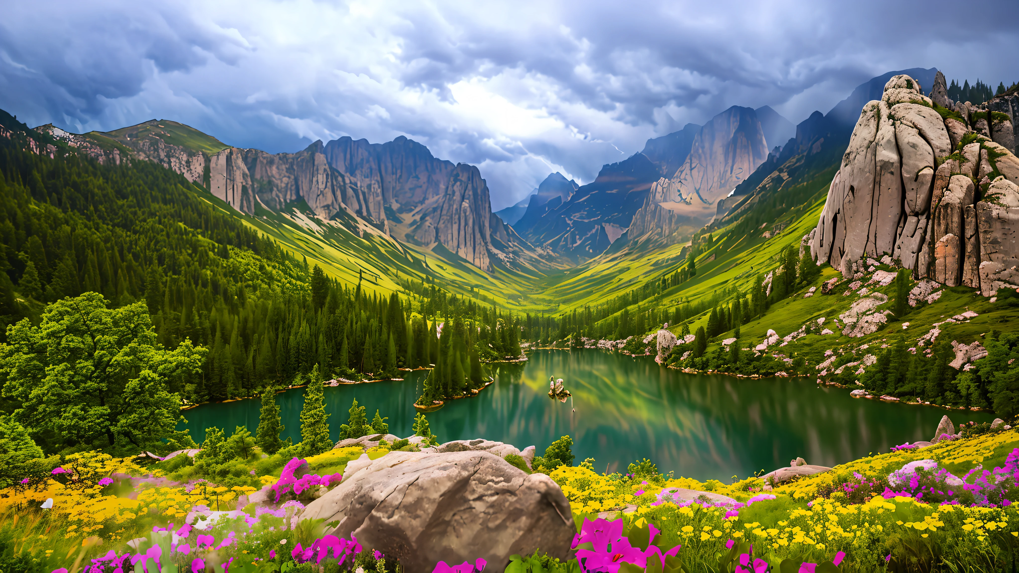 magical,  landscape, mysterious, luminous, dreary, complex, bloom, dreary. expansive, magnificent, god rays, storm, lightning, mountains, valley, boulders, trees, flowers, lake