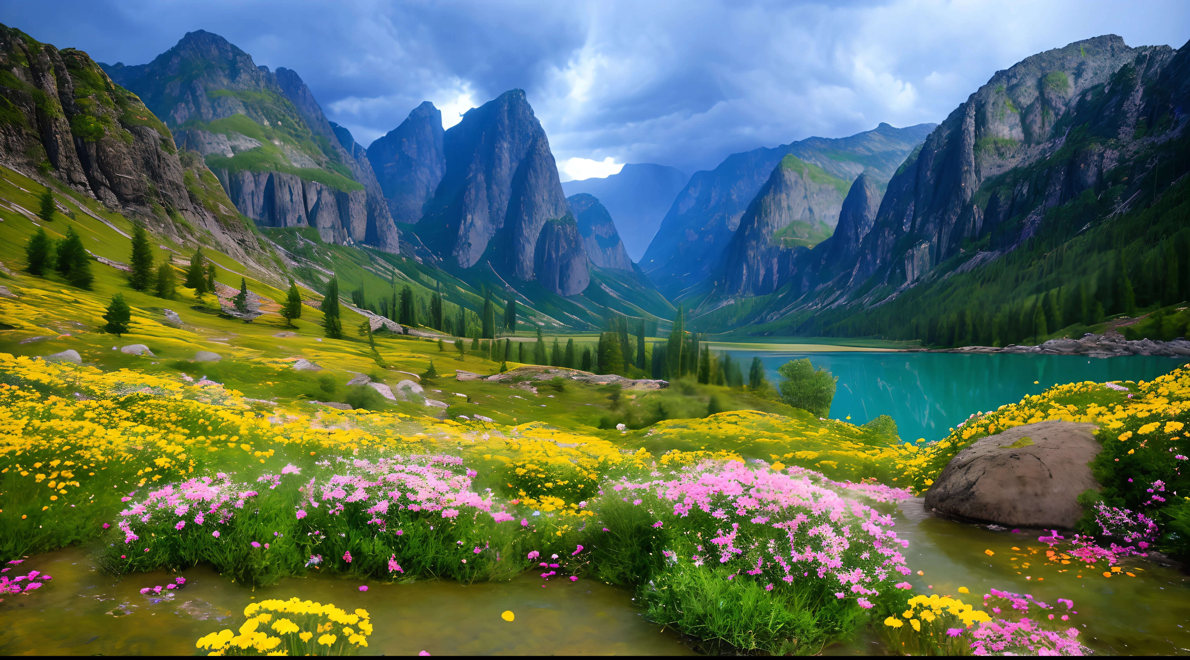 magical,  landscape, mysterious, luminous, dreary, complex, bloom, dreary. expansive, magnificent, god rays, storm, lightning, mountains, valley, boulders, trees, flowers, lake