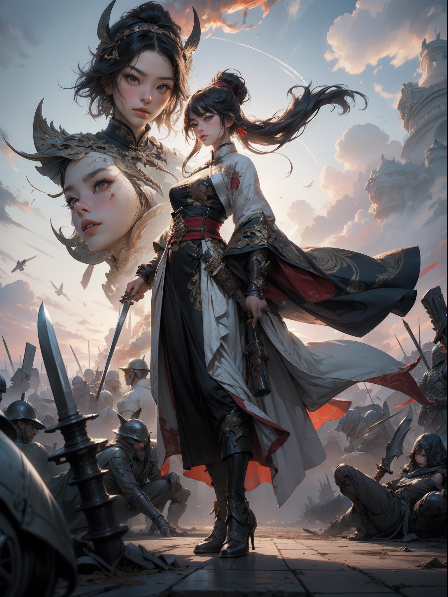 Chinese female warriors, delicated face, A woman of outstanding figure, Wear a white headscarf, Batik long shirt, long white robe,  Use a dagger, Heroic, battlefield , Dramatic sunset, Smoke, Surrounded by battles, Full body view，standing on your feet